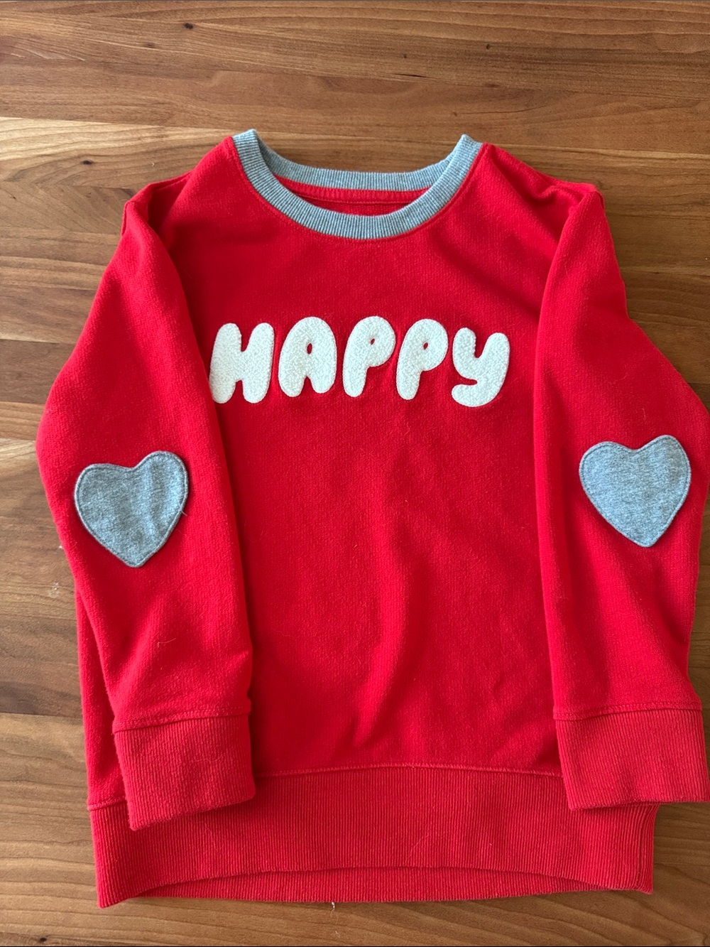 LIKE NEW! Happy Red Kids Sweatshirt with Grey Heart Elbow Patches